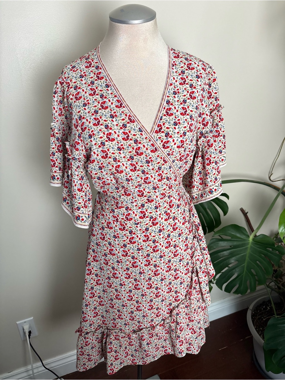 Max Studio Cream Wrap Dress with Red Floral Print